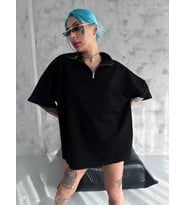 Kadın Yarım Fermuarlı Tişört Kısa kol T-Shirt - Siyah