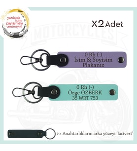 Motosiklet Aşıkları, İsim Plaka ve 0 Rh (-) Kan Grubu Acil Durum x2' li Anahtarlık, Mor-Turkuaz-Laci (Çok Renkli)