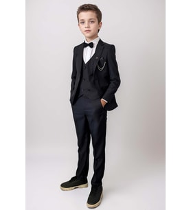 Erkek Çocuk Blazer Ceketli, Cepken Yelekli Siyah Takım Elbise 5-9 Yaş