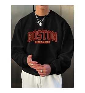 Unisex Boston Baskılı Oversize Sweatshirt (Siyah)