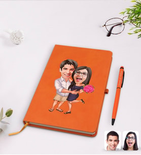 BK Gift Kişiye Özel Sevgililer Karikatürlü Turuncu Termo Deri Defter Kalem Seti Model 108