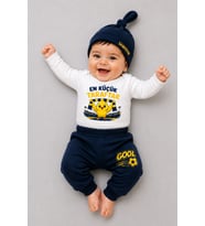%100 Pamuk Sarı Lacivert En Küçük Taraftar 3'lü Yenidoğan Bebek Takımı Uzun Kollu Body Pantolon Şapka Seti Unisex 0-9 Ay