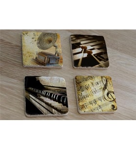 Gramofon Piano Ksilofon ve Notalar Doğal Taş Bardak Altlığı 4'lü set - Natural Stone Coasters