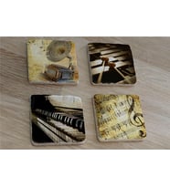 Gramofon Piano Ksilofon ve Notalar Doğal Taş Bardak Altlığı 4'lü set - Natural Stone Coasters