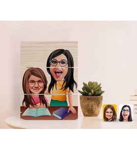 BK Gift Kişiye Özel Anne Kız Karikatürlü Otantik Masaüstü Ahşap Palet Çerçeve-1 (Beyaz)