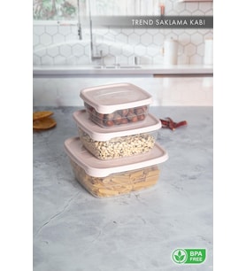 Trend Box Kare Sızdırmaz Kapak Saklama Kabı 3'lü Set Pudra Pembe