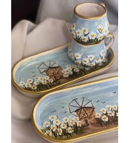 %100 El Boyaması Papatya ve Yeldeğirmeni Desenli Türk Kahvesi Fincanı, Mug, Kupa (Bebe Mavi Papatya)
