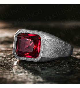 925 Ayar Gümüş Oksitli Kırmızı Ruby Taşlı Erkek Yüzük