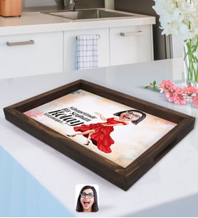 BK Gift Kişiye Özel Kadın Nihayetinde Karikatürlü Doğal Ahşap Tepsi-1