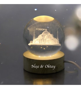 Kişiye Özel Işıklı Ahşap Ayasofya Kristal Cam Küre 6cm