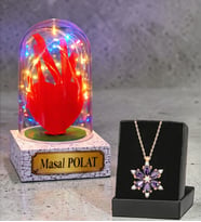Gerçek Ametist Taşlı Lotus Kolye ve Renkli Led Işıklı Kişiye Özel Fanus Hediyesi (Model 2)