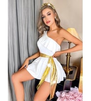 Arias Closet Özel Tasarım Tek Omuz Şık Belden Bağlamalı Beyaz Fantezi Mini Club Elbisesi