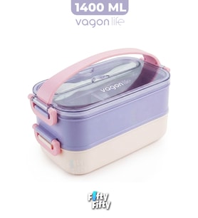 1400 ML İki Kat Üç Bölme Paslanmaz Çelik Lunch Box Yeni Nesil Sefer Tası - Kaşıkçatallı -1400462