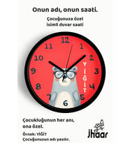 İsme Özel Şaşkın Ayı Çocuk Odası Duvar Saati Orta Boy 30 cm Siyah Camlı Sessiz