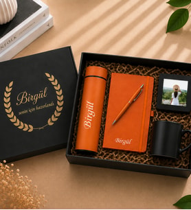 Kişiye Özel isimli defter kalem fincan fotoğraf  Turuncu set