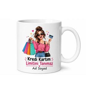 Kredi Kartı Limit Yok Çizimli Alışveriş Kolik Esprili Kadın Kupası Hediye
