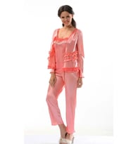 #Pijama Kalite Üçlü 100 Saten Krep Tül Şık Sabahlıklı Tasarım Rahat Nar Çiçeği Saten Pijama Takımı