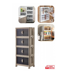 Piev Emayhome Çok Amaçlı Kapaklı Portatif İstiflenebilir Tekerlekli Organizer Dolap 4 Lü Cappuccino