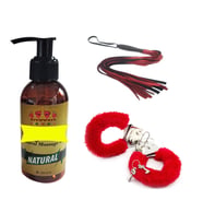 Fantezi Kırmızı Peluş Kelepçe+Kırmızı Kırbaç+Erotik Masaj Yağı (Siyah)