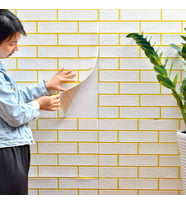 70x70cm 1 Adet Kendinden Yapışkanlı Gold Çizgili Altın Beyaz Tuğla Desen Duvar Kağıdı Paneli NW176