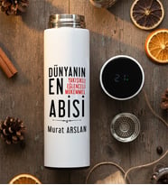 Kişiye Özel Abiye Hediye Filtreli Dijital Göstergeli Termos Doğum Günü Hediyesi (Beyaz)