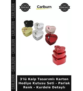 Özel Üretim Şık Sunum 3'lü Kalp Tasarımlı Karton Hediye Kutusu Seti - Parlak Renk - Kurdele Detaylı