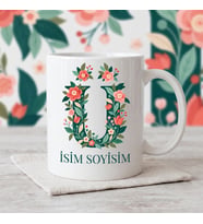 Kişiye Özel Baş Harf ve İsim Yazılı Çiçek Motiflili Ü Harfli Seramik Kupa Bardak