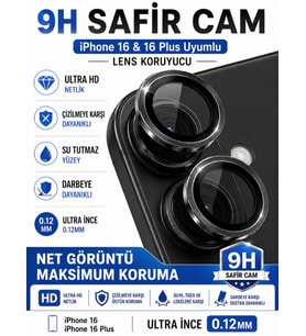 iPhone 16 / 16 Plus Siyah Metal Kamera Lens Koruyucu Safir Cam Ultra Net HD