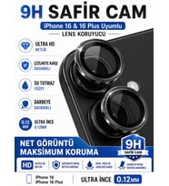 iPhone 16 / 16 Plus Siyah Metal Kamera Lens Koruyucu Safir Cam Ultra Net HD