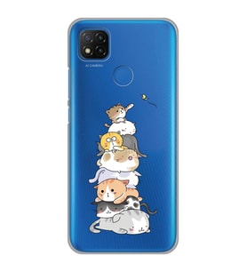 Xiaomi Redmi 9C / 10A Uyumlu Sevimli Kedicikler Tasarımlı Şeffaf Telefon Kılıfı