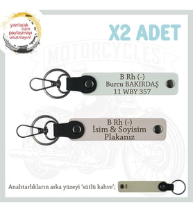 Motor Tutkunlarına Özel, İsim Plaka ve B Rh (-) Kan Grubu Yazılı Deri x2 Anahtarlık, Pudra-Beyaz-SK (Çok Renkli)