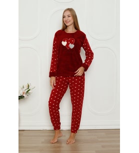 Fawn 3316 Peluş Welsoft Polar Kışlık Yumoş Kalpli Kadın Pijama Takımı (Bordo)