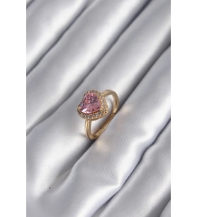 Pirinç Gold Renk Pembe Zirkon Taş Kalp Charm Model Kadın Yüzük 5886