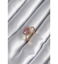 Pirinç Gold Renk Pembe Zirkon Taş Kalp Charm Model Kadın Yüzük 5886