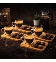 BK Gift 8 Parça 4 Kişilik Çift Cidarlı Borosilikat Bardak ve Kişiye Özel İsimli Bambu Tabaklı Espresso Fincan Takımı