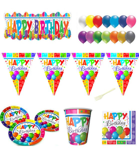 8 Kişilik Yetişkin Doğum Günü Süsleri parti Seti Sofra Seti Tam Set  Multicolor Happy Birthday-