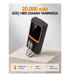 Mey İthalat® Powerbank 20000 mAh 22.5W Hızlı Şarjlı ve Kompakt Çoklu Kablo Çıkışlı