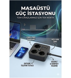 MCG  AKIM KORUMALI Avrupa Soket Kartı Tip-C Usb 2 m Uzatma Kablosu Emniyet Anahtarı ile