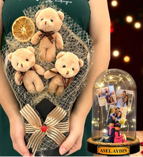 Sizlere Özel Led Işıklı Fanus ve Büyük Boy Kahve Peluş Ayıcık Buketi - Premium Hediye Seti (Model 8)