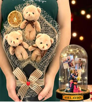 Sizlere Özel Led Işıklı Fanus ve Büyük Boy Kahve Peluş Ayıcık Buketi - Premium Hediye Seti (Model 8)