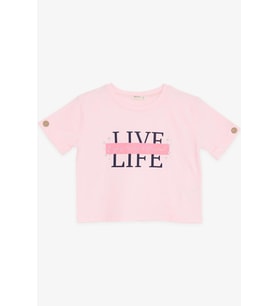 Breeze Kız Çocuk Crop Tişört Kolları Düğme Aksesuarlı Simli Yazı Baskılı 9-16 Yaş, Pembe