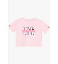 Breeze Kız Çocuk Crop Tişört Kolları Düğme Aksesuarlı Simli Yazı Baskılı 9-16 Yaş, Pembe