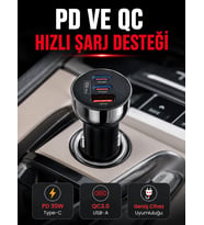 3 Portlu Araç İçi Şarj Adaptörü Çift PD Type-C ve QC3.0 USB Çıkışlı