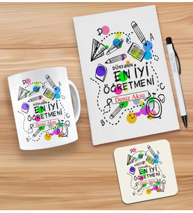 BK Gift Kişiye Özel İsimli Öğretmenler Günü Tasarımlı Beyaz Defter, Tükenmez Kalem, Kupa ve Bardak Altlığı Hediye Seti- 4, Öğretmene Hediye, Öğretmenler Günü