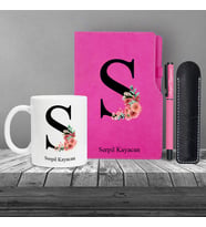 Kişiye Özel  Uv Baskılı Harfli Pembe Defter & Pembe Roller Kalem ve Kupa Seti