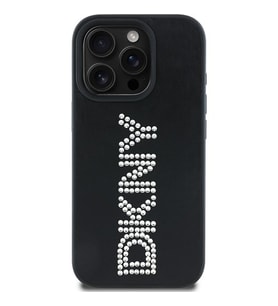 Apple iPhone 16 Pro Max Uyumlu Kılıf DKNY Orjinal Lisanslı Taşlı DKNY Yazılı Metalik Rhinestones PU Deri Kapak (Siyah)