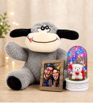 Kişiye Özel Fotoğraflı Renkli LED Işıklı Beyaz Ayıcıklı Fanus ve Peluş Eşek Sevgiliye Kadına Hediye