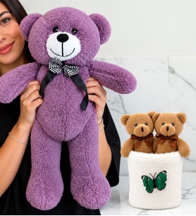 Büyük Boy Mor Peluş Ayıcık ve Peluş Saksıda Ayıcık Buketi Sevgiliye Kadına Arkadaşa Hediye