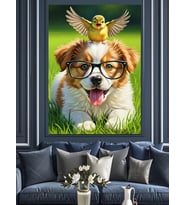 Gözlüklü Ve Kuşlu Köpek Dekoratif Kanvas - Mdf Ahşap Tablo