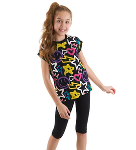 Street Style Kız Çocuk T-Shirt Tayt Takım (Siyah)